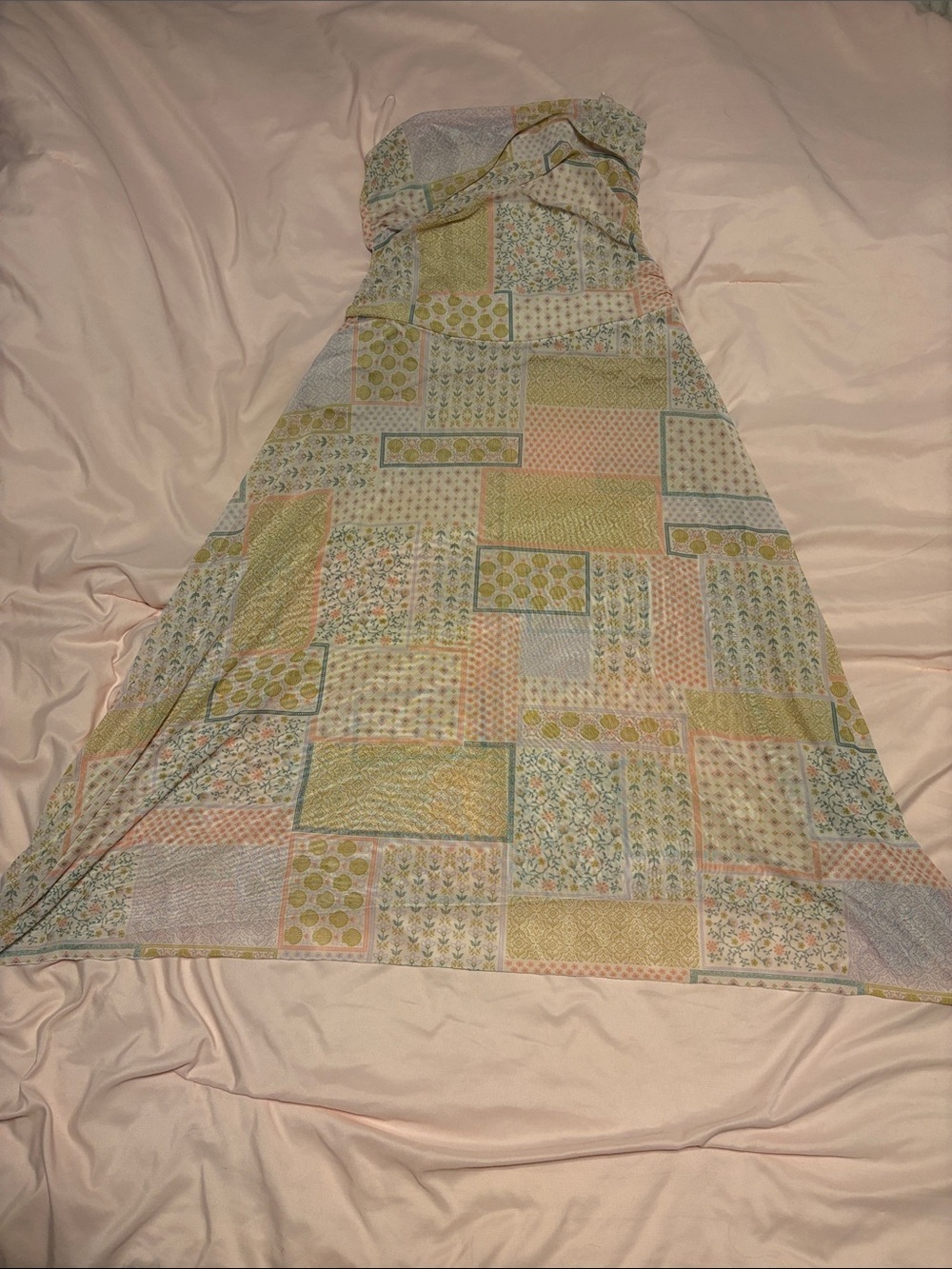 See You Monday Strapless Patchwork Print Maxi Dress in Pastel Green & Peach